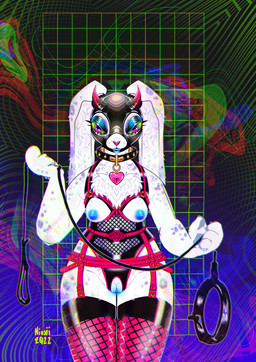 abstract_background anthro areola bdsm blue_areola blue_nipples blue_vulva bondage bound breasts clothing collar dominant dominant_female female fishnet_clothing genitals glamfur hypnosis hypnotic_eyes latex leash mask mind_control nipples nude psychedelic psychedelic_background small_breasts solo superflat thick_thighs tuffy_bunny vulva niuxii hare lagomorph leporid mammal rabbit colorful_theme hi_res