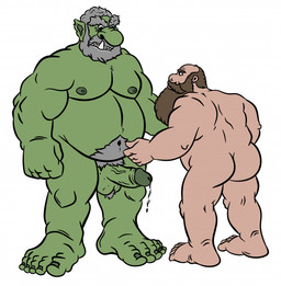 age_difference beard big_penis duo elderly facial_hair fantasy genitals green_body green_skin grey_hair hair male male/male moobs musclegut muscular not_furry older_male overweight overweight_male penis size_difference slightly_chubby slightly_chubby_male tusks oganok dwarf human humanoid mammal orc hi_res