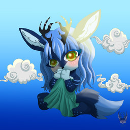 anthro antler_ring antlers big_eyes blue_body blue_eyelashes blue_fur blue_hair blush chibi clothing cloud dress eyelashes female fur fur_markings gradient_background green_clothing green_dress green_eyes hair horn light looking_at_viewer markings midair occult_symbol pentagram simple_background sky solo sunlight symbol tail tarina phemia canid canine cervine deer fox hybrid mammal 1:1 hi_res watermark