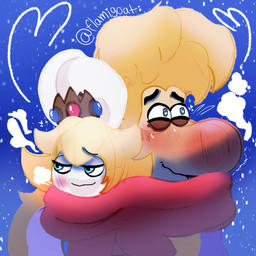 anthro big_nose black_eyebrows blonde_hair blue_background blue_clothing blue_eyes blue_topwear blush blush_lines blushing_profusely breath closed_smile clothing crown duo eyebrow_through_hair eyebrows female fur gem grey_body grey_inner_ear grey_skin hair headgear heart_symbol larger_humanoid larger_male light long_ears long_hair male male/female mouth_closed noseless red_scarf romantic romantic_couple ruby_(gem) sapphire_(gem) scarf sharing_clothing sharing_scarf short_hair simple_background size_difference smaller_anthro smaller_female smile snow snowing tan_body tan_skin text topwear translucent translucent_hair white_body white_fur winter flamigoat mario_bros mario_plus_rabbids_kingdom_battle mario_plus_rabbids_sparks_of_hope nintendo raving_rabbids rayman_(series) ubisoft rabbid_peach rayman humanoid lagomorph mammal rabbid raypeople_(rayman) 1:1 2024 artist_name colored crossover digital_drawing_(artwork) digital_media_(artwork) english_description hi_res lighting shaded