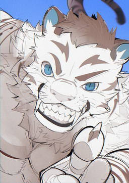 anthro blue_background blue_eyes blue_inner_ear brown_ears brown_eyebrows brown_hair brown_stripes claws eyebrows facial_markings finger_claws fur gesture grin gums hair hand_gesture head_markings inner_ear_fluff looking_at_viewer male markings nude_anthro nude_male pointing pointing_at_viewer pupils ringed_iris simple_background slit_pupils smile smiling_at_viewer solo striped_arms striped_face striped_markings striped_tail stripes tail tail_markings teeth thick_eyebrows toothy_grin tuft whisker_spots whiskers white_body white_fur white_inner_ear_fluff white_sclera chiayeeee felid mammal pantherine tiger 2024 absurd_res bust_portrait digital_drawing_(artwork) digital_media_(artwork) hi_res portrait