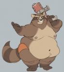2019 anthro belly brown_body brown_fur captainjusticevirtsuoso fur guardians_of_the_galaxy humanoid_hands justicecaptainv male mammal marvel moobs navel nipples obese obese_anthro obese_male overweight overweight_anthro overweight_male procyonid raccoon rocket_raccoon solo weapon