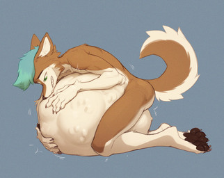 anthro belly big_belly fur male orange_body orange_fur paw_bulge same_size_vore vore white_body white_fur lunlunfox luke_husky canid canine canis domestic_dog husky mammal nordic_sled_dog spitz hi_res