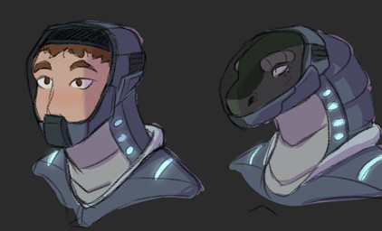 anthro armor brown_eyes brown_hair clothed clothing duo futuristic green_body grey_background hair headgear helmet male male_anthro male_human simple_background suit tan_body tan_skin visor jezzlen human mammal scalie bust_portrait portrait