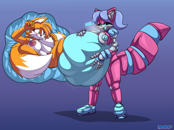 anthro black_sclera blue_background blue_eyes blue_hair blush breasts crossgender cutaway endosoma female fully_inside fur hair internal machine mtf_crossgender nude pink_body ponytail robotization safe_vore simple_background vore willing_prey yellow_body yellow_fur foxynoms sega sonic_the_hedgehog_(series) fan_character kate_the_mecha-wolf miles_prower android canid canine canis fox mammal robot wolf absurd_res hi_res signature gynomorph_(lore) trans_(lore) trans_woman_(lore)