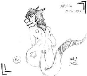 anthro big_butt butt hair long_hair long_tail looking_back number pupils shoulder_blades slit_pupils smile solo star tail tattoo wide_hips year harpseal arika_moon_star moon_star_(harpseal) sergal 2016 hi_res monochrome signature