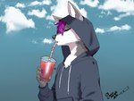 anthro beverage clothing container cup day drinking eyes_closed hoodie male solo topwear jaceattemptsart jace_tempt canid canine canis mammal wolf 4:3 hi_res