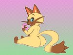 anthro big_butt black_nose blue_eyes brown_markings butt dessert dipstick_tail doughnut eating food gloves_(marking) gradient_background green_background holding_food holding_object leg_markings long_tail looking_back male markings open_mouth pastry pink_background rear_view simple_background sitting socks_(marking) solo tail tail_markings text whiskers fawxythings capcom monster_hunter navirou felid felyne lynian mammal palico 2021 english_text