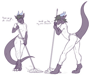 anthro big_bulge big_tail blep bulge butt claws cleaning_tool clothing furgonomic_pants leaning leaning_forward leaning_on_object looking_at_viewer looking_pleasured male mop paws pose presenting presenting_hindquarters raised_tail shirt smile smiling_at_viewer smirk smirking_at_viewer solo tail talking_to_viewer text tongue tongue_out topwear conditional_dnp samagthrav2 mythology samagthra dragon mythological_creature mythological_scalie scalie absurd_res english_text hi_res pinup