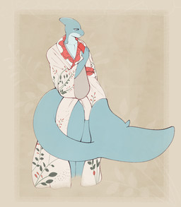 anthro asian_clothing clean_diaper clothing diaper east_asian_clothing hanafuda japanese_clothing kimono male print_kimono side_view solo standing tanzaku steelshark steel_(steelshark) aquatic fish shark hi_res
