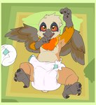 ambiguous_gender anthro balled_up_diaper beak bite bodily_fluids claws clothing diaper diaper_change discarded_diaper drooling feet finger_bite finger_in_mouth looking_at_viewer lying on_back pillow saliva solo talons toes unfastened_diaper wings young young_anthro bubblepuppers mythology avian gryphon mythological_avian mythological_creature hi_res