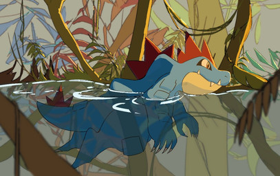 ambiguous_gender armor back_spikes blue_body body_armor claws feral fern finger_claws forest forest_background head_spikes nature nature_background plant sharp_teeth solo spiked_tail spikes spikes_(anatomy) swimming tail teeth tree vines umi6765 nintendo pokemon feraligatr generation_2_pokemon pokemon_(species)