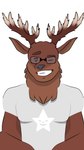 anthro antlers blinking brown_body brown_fur clothing eyewear fur glasses grinding horn male shirt smile solo star t-shirt topwear bonnieroyal anom_hirsch_(the_preydator) anom_hirsch cervine deer mammal red_deer 9:16 hi_res