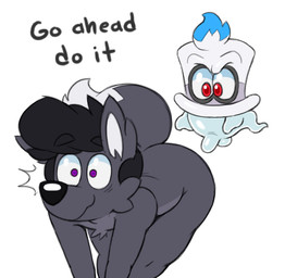 anthro being_watched bent_over butt clothing dialogue duo floating_head_creature genitals hat headgear headwear imminent_sex looking_at_another male male_anthro penis presenting presenting_hindquarters purple_eyes simple_background text top_hat white_background acstlu mario_bros nintendo super_mario_odyssey cappy_(mario) phursie bonneter canid canine fox ghost mammal spirit 2020 digital_media_(artwork) english_text
