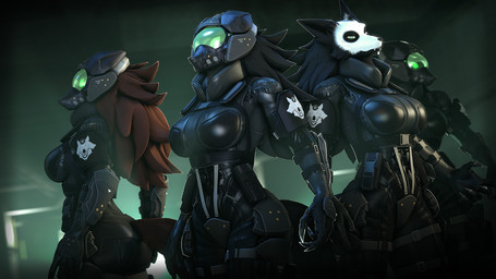 5_fingers anthro armor black_body black_fur black_hair black_nose breasts fangs female fingers fur group hair humanoid_hands mask military soldier teeth warrior petruz petruz_(modeler) hellhound_(petruz) canid canine canis hybrid mammal wolfdog 16:9 2024 3d_(artwork) digital_media_(artwork) hi_res source_filmmaker_(artwork) widescreen