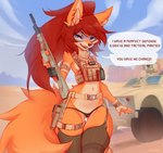 anthro aug_a3 biped black_nose blue_eyes butt butt_from_the_front clothed clothing desert dialogue female fur gun hair half_naked holding_object long_hair long_tail looking_at_viewer military military_clothing military_uniform open_mouth orange_body orange_fur orange_tail panties partially_visible_vulva ranged_weapon red_hair rifle smile solo standing tail talking_to_viewer text thigh_gap underwear uniform weapon amarihel cassie_(amarihel) canid canine fox mammal red_fox true_fox english_text hi_res