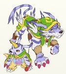 animal_skin anthro cape claws clothing duo feral fur hood horn male staff striped_body striped_fur stripes yellow_body dahecksajerry bandai_namco digimon digimon_(species) gabumon garurumon