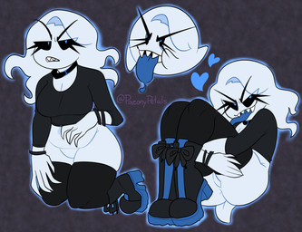 alternate_species beady_eyes big_breasts black_clothing black_eyes black_legwear black_sclera black_shirt black_thigh_highs black_topwear blue_body blue_clothing blue_eyes blue_footwear blue_shoes blue_tongue bottomless bracelet breasts butt butt_from_the_front choker cleavage clothed clothing eyelashes featureless_crotch female footwear grey_background heart_symbol jewelry legwear looking_at_viewer necklace sharp_teeth shirt shoes simple_background slightly_chubby solo teeth thick_thighs thigh_highs tongue tongue_out topwear wide_hips paeonypetals mario_bros nintendo lizielewddle_(character) boo_(mario) ghost humanoid spirit absurd_res hi_res
