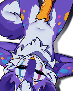 anthro colorful_body eyelashes fluffy fur genitals heterochromia jester knot knotted_penis looking_at_viewer lying male nude on_back orange_penis penis purple_body purple_fur solo thick_eyelashes toothy_grin white_body white_fur brookepiee kaiju_paradise party_yeena hyena mammal spotted_hyena 4:5 absurd_res hi_res