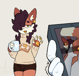 anthro bodily_fluids brown_hair cellphone choker clothing duo electronics femboy fluffy_ears from_behind_position genitals hair jewelry male male/male necklace pajamas penis phone photo piercing sex smug smug_face sweat sweatdrop starlit_aster canid canine fox mammal hi_res