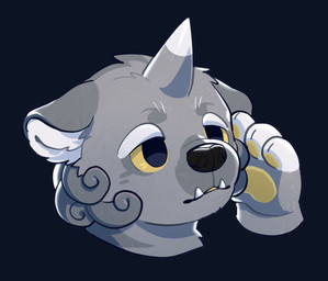 ambiguous_gender anthro black_nose blue_background curly_hair dipstick_horn eyebrows fangs fur glistening glistening_nose grey_body grey_ears grey_fur grey_hair grey_horn hair head_tuft horn inner_ear_fluff mouth_closed multicolored_horn pawpads simple_background solo teeth three-quarter_view tuft unsigned white_eyebrows white_horn white_inner_ear_fluff yellow_pawpads asnnonaka asian_mythology east_asian_mythology japanese_mythology mythology ryuusei canid canine foo_dog komainu mammal yokai headshot_portrait hi_res portrait