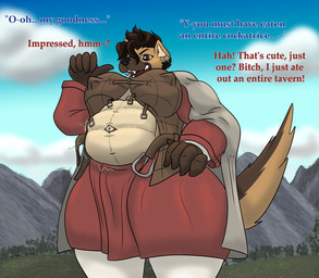 abs anthro belly belt big_belly big_breasts breasts brown_body brown_eyes brown_fur brown_hair cape clothing dialogue ear_piercing female field first_person_view fur gesture grey_clothing hair hand_gesture huge_thighs landscape landscape_background looking_at_viewer mountain navel nipple_outline offscreen_character open_belt outie_navel overweight piercing pointing pointing_at_self red_clothing rumbling_stomach solo stuffing thick_thighs white_clothing panzerschreckleopard pride_barghest gnoll hyena mammal spotted_hyena 2025 absurd_res colored hi_res
