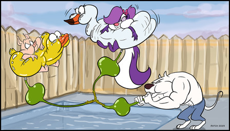 anthro black_border blowing border bottomwear clothing female fence flotation_device fur group hair hose hose_inflation inflation male multicolored_body multicolored_fur muscular muscular_anthro muscular_male pants pool_toy purple_body purple_fur purple_hair swimming_pool trio two_tone_body two_tone_fur water white_body white_fur wood wood_fence dutch_(artist) tiny_toon_adventures warner_brothers arnold_the_pit_bull fifi_la_fume hamton_j._pig canid canine canis domestic_dog domestic_pig mammal mephitid pit_bull skunk suid suine sus_(pig) 2023 7:4 digital_media_(artwork) flat_colors hi_res