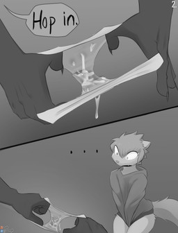 anthro biped bottomless clothed clothing cum_on_underwear cute_fangs dialogue duo ellipsis fangs female fingers male simple_background smile tail teeth text topwear jarnqk robin_(jarnqk) hyena mammal mustelid otter comic english_text greyscale hi_res monochrome