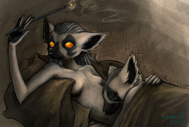 anthro anthro_on_anthro bed black_nose breasts cigarette cuddling dreadlocks duo eyes_closed featureless_breasts female fingers furniture holding_object looking_at_object looking_up lying male male/female mouth_closed on_back orange_eyes orange_sclera pillow sleeping smoke smoking riftryu lemur mammal primate ring-tailed_lemur strepsirrhine 2009