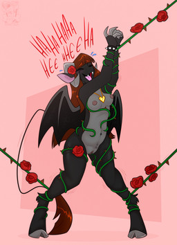 anthro bdsm belly black_body black_fur bondage bound breast_play breasts fangs female flower fur genitals hooves laugh navel nipple_fetish nipple_play nipples plant rose_(flower) solo teeth tickle_fetish tickle_torture tickling vines vulva wings starthewerewolf lucifer_(paccarigoat) boss_monster_(undertale) bovid caprine goat mammal vampire hi_res