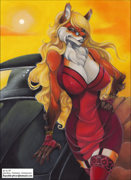 anthro arm_support big_breasts biped black_lips black_nose blonde_hair breasts car chest_tuft clothing dress eyewear female fingerless_gloves front_view fur garter_belt garter_straps glasses gloves green_eyes hair hand_on_hip handwear leg_markings legwear lips long_hair looking_at_viewer markings multicolored_body multicolored_fur naughty_face orange_body orange_fur outside pose seductive sky socks_(marking) solo standing sun thigh_highs tuft two_tone_body two_tone_fur vehicle white_body white_fur vp1940 canid canine fox mammal 2013 pinup