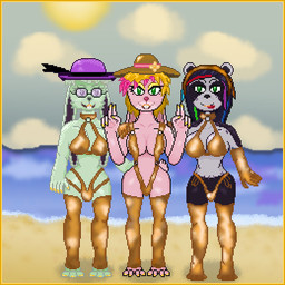 anthro beach bikini border breasts butt clothing colored_nails feet female female/female fur gold_(metal) gold_bikini gold_jewelry green_body grey_body grey_fur group group_sex hat headgear headwear jewelry leggings legwear nails pink_body pose sea sex stockings swimwear threesome trio two-piece_swimsuit water yellow_border milkybun29 golden_week milky_rivas bear giant_panda lagomorph mammal 1:1 digital_media_(artwork) pixel_(artwork)