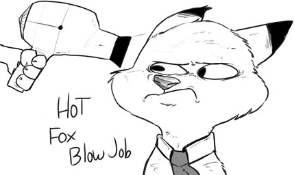 anthro clothed clothing dryer duo fur hair_dryer humor male necktie pun simple_background solo_focus suggestive text visual_pun what white_background ahappypichu-mod oj_(artist) disney zootopia nick_wilde canid canine fox mammal red_fox true_fox 2016 digital_media_(artwork) english_text hi_res monochrome