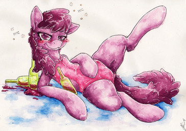 alcohol beverage blush bodily_fluids bottle container cutie_mark drunk female feral genital_fluids genitals hair looking_at_viewer nude open_mouth presenting purple_eyes purple_hair solo substance_intoxication tail vaginal_fluids vulva dimwitdog friendship_is_magic hasbro my_little_pony berry_punch_(mlp) earth_pony equid equine horse mammal pony 2012 signature