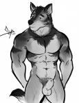 animal_genitalia anthro armpit_hair balls body_hair fully_sheathed genitals male muscular muscular_anthro muscular_male nude pose pubes sheath smile solo white_balls bgn alex_nightmurr canid canine canis mammal wolf 2018 black_and_white hi_res monochrome