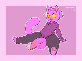 anthro balls barefoot big_penis biped black_bottomwear black_clothing black_pants blush body_blush bottomwear clothing erection feet femboy foreskin genitals hair huge_penis hyper hyper_genitalia hyper_penis inner_ear_fluff male open_mouth pants pawpads penis penis_blush penis_poking_out penis_through_fly pink_pawpads ponytail purple_balls purple_body purple_hair purple_inner_ear_fluff purple_penis sitting solo teeth thick_thighs tongue tuft wide_hipped_male wide_hips frumples frumples_(character) domestic_cat felid feline felis mammal 2021 digital_media_(artwork)