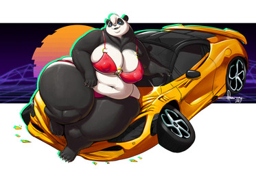 5_fingers 5_toes anthro arm_support belly big_breasts bikini black_body black_fur black_lips blue_eyes breasts car clothed clothing destruction feet female fingers fur hand_on_belly hand_on_leg hand_on_thigh huge_thighs lips looking_at_viewer navel nipple_outline nipples obese obese_female on_hood overweight overweight_female puffy_nipples red_bikini red_clothing red_swimwear round_ears seductive skimpy solo sports_car swimsuit_only swimwear synthwave thick_thighs toes two-piece_swimsuit vehicle vehicle_destruction white_body white_fur wide_hips yellow_car gillpanda gillpanda_(character) bear giant_panda mammal 2025 colored dated english_description full-length_portrait hi_res portrait signature