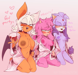 alcohol anthro bathrobe bathrobe_only beverage big_breasts big_ears blue_eyes blush breast_size_difference breasts clothed clothing container cup drinking_glass eyelashes female female/female forehead_gem fur gem glass glass_container glass_cup group hair holding_glass holding_object kneeling looking_at_viewer one_eye_closed open_clothing open_robe pink_body pink_fur pink_hair pubes purple_body purple_fur purple_hair robe tan_body trio white_hair wine wine_glass wink winking_at_viewer mythiilewdii sega sonic_the_hedgehog_(series) amy_rose blaze_the_cat rouge_the_bat bat domestic_cat eulipotyphlan felid feline felis hedgehog mammal hi_res