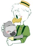 4_fingers anthro beak biped blush clothed clothing duo eyes_closed eyewear feathers fingers glasses grey_body grey_feathers hair hat headgear headwear hug male simple_background smile white_background white_body white_feathers young teadotdot disney ducktales ducktales_(2017) b.o.y.d. gyro_gearloose avian bird chicken galliform gallus_(genus) parrot phasianid 2020