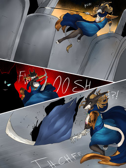 attack bone clothing duo female fur gold_(metal) green_eyes magic_user melee_weapon multi_eye multi_limb religious_clothing shield speech_bubble sword tombstone weapon white_body white_fur tyunre bovid caprine felid mammal 3:4 comic hi_res
