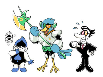 ambiguous_gender anthro armor axe biped black_hair blue_body blue_feathers bodily_fluids clothed clothed_anthro clothed_humanoid clothing eyewear feathers feet flying_sweatdrops glasses group hair holding_axe holding_object lineup necktie open_mouth open_smile simple_background smile standing style_emulation suit sweat sweatdrop tail tail_feathers talons toes trio white_background white_body hellspawnmotel deltarune osamu_tezuka undertale_(series) berdly lancer_(deltarune) spamton_g._spamton avian bird darkner humanoid 2024 digital_drawing_(artwork) digital_media_(artwork) english_description full-length_portrait portrait male_(lore)