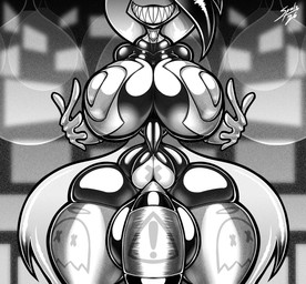adam's_apple balls big_balls big_breasts big_penis black_lips breasts clothing condom_disposal fabric_choker genitals gloves grin gynomorph hair handwear hidden_eyes highlights_(coloring) hyperideal implied_cock_vore intersex legwear lips obake_(youkai) penis sharp_teeth small_waist smile solo static stockings teeth thigh_highs wasp_waist white_hair grayscalerain saliant asian_mythology east_asian_mythology japanese_mythology mythology spooky_static ghost humanoid spirit yokai 2026 hi_res monochrome trans_(lore) trans_woman_(lore)