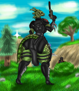 anthro athletic black_body clothed clothing detailed_background duo female green_body gun looking_at_viewer male male/female ranged_weapon red_eyes weapon yellow_eyes dakar3 epic_games fortnite mythology synthesis_(fortnite) thunder_(fortnite) dragon komodo_dragon lizard monitor_lizard mythological_creature mythological_scalie reptile scalie absurd_res hi_res huge_filesize