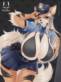 anthro big_breasts black_bra black_clothing black_lingerie black_underwear bottomwear bra breasts brown_body brown_eyes brown_fur clothing female fur hair huge_breasts large_female lingerie long_hair long_tail mature_female orange_body orange_fur police police_hat police_uniform skirt solo tail tan_body tan_fur tan_hair thick_thighs underwear uniform wide_hips tatasfoxes nintendo pokemon arcanine generation_1_pokemon pokemon_(species) hi_res