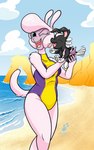 5_fingers anthro anthro_focus anthrofied beach blue_eyes breasts cheek_lick clothing cloud crossed_legs duo eyelashes eyes_closed face_lick female feral fingers fur happy holding_animal holding_character licking one-piece_swimsuit one_eye_closed open_mouth open_smile pink_body pink_fur pose sand sea seaside sky smile solo_focus summer swimwear tail tail_motion tailwag teal_eyes tongue tongue_out water wave duragan them's_fightin'_herds pom_(tfh) bovid canid canine canis caprine domestic_dog domestic_sheep herding_dog mammal pastoral_dog sheep sheepdog 2021 hi_res pinup