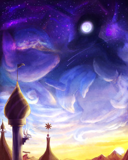 castle cloud detailed_background feathered_wings feathers female full_moon glowing horn moon outside shooting_star sky solo star sun sunset tower wings jadedjynx friendship_is_magic hasbro my_little_pony mythology nightmare_moon_(mlp) princess_celestia_(mlp) equid equine mammal mythological_creature mythological_equine winged_unicorn 2016 4:5 hi_res