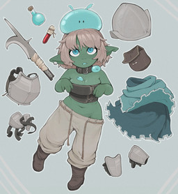 ambiguous_gender armor belt biped black_boots black_clothing black_collar black_eyes black_footwear black_topwear blue_body blue_cloak blue_clothing blue_eyes blue_potion blue_pupils blue_tongue boots bottle bottomwear breastplate breasts brown_belt brown_eyebrows brown_hair cleavage cloak clothed clothed_female clothed_humanoid clothing collar container cork ear_piercing ear_ring eyebrows fangs female female_humanoid footwear green_body green_skin grey_bottomwear grey_clothing grey_pants group hair headgear helmet humanoid_pointy_ears long_hair looking_up medium_breasts melee_weapon midriff navel not_furry notched_ear open_belt open_mouth pants piercing plantigrade pointy_ears potion pouch_(clothing) pupils red_potion ring_piercing shoes sword teeth tongue topwear weapon plinkgrn goblin goo_creature humanoid slime_(blob) 2026 hi_res