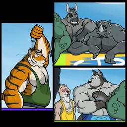 anthro biceps big_muscles eye_patch eyewear group horn male male/male muscular muscular_male pecs sunglasses water houndgrey asinus canid canine donkey equid equine felid mammal mustelid otter pantherine rhinoceros tiger 1:1 source_request