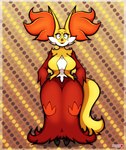 abstract_background anthro big_breasts breasts cleavage clothed clothing curvy_figure eyeshadow female front_view hands_on_hips inner_ear_fluff lipstick looking_at_viewer makeup markings mature_anthro mature_female mole_(marking) simple_background smile solo standing thick_thighs tuft wide_hips mahoxy nintendo pokemon delphox generation_6_pokemon pokemon_(species) absurd_res digital_media_(artwork) full-length_portrait hi_res portrait