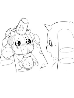 anthro bodily_fluids burger container crying cup duo food horn humor long_ears tears 10_09hwan bandai_namco digimon digimon_(species) lopmon terriermon black_and_white digital_drawing_(artwork) digital_media_(artwork) hi_res monochrome sketch
